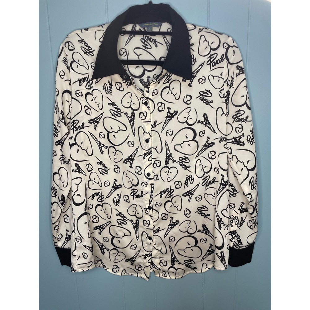 Catherine Malandrino Blouse Large White Black Excellent Paris Graphic Print